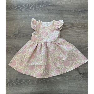Baby Girl Pink Gold Floral Jacquard Ruffle Trim Dress Size 2-3 Years